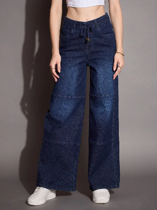 Women Blue Straight Fit Drawstring Jeans Chic Double Waistband Jeans