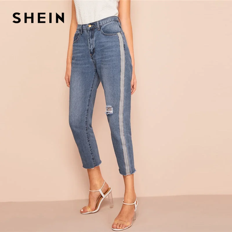 SHEIN Navy Side Striped Tape Ripped Detail Crop Tapered Jeans Women Elegant OL Work 2019 Spring Solid High Waist Trousers