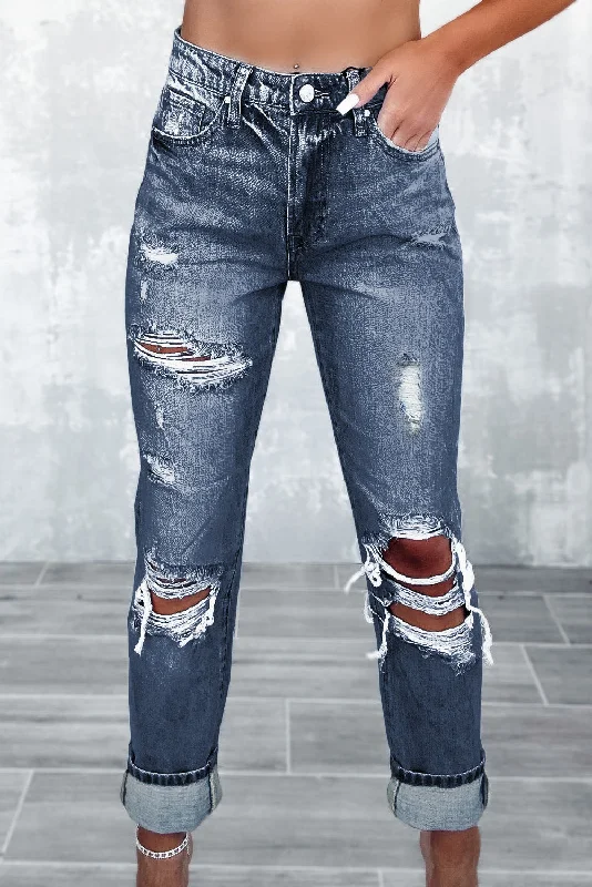 Sky Blue Light Wash Frayed Slim Fit High Waist Jeans Stylish Stone-Wash Denim Jeans