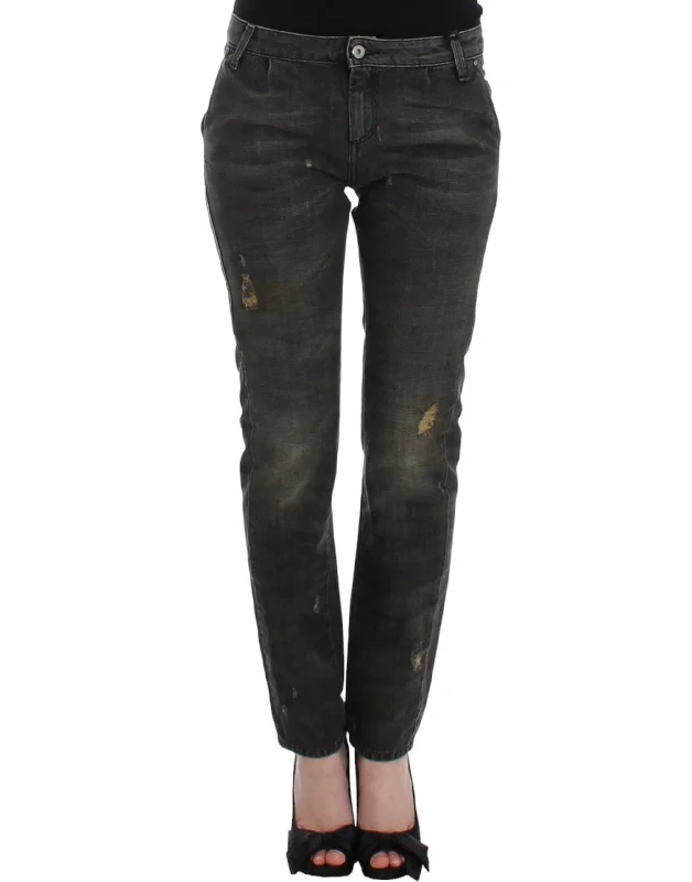 Sleek Gray Straight Leg Distressed Jeans Fashionable Cropped Denim Jeans