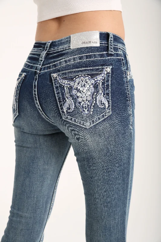 Steer Head Modify Embellished Mid Rise Bootcut Jeans Fashionable White Denim Jeans
