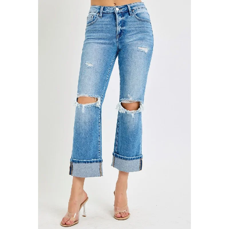 Tummy Control Mid Rise Crop Straight Cuffed Jeans Cozy Relaxed Fit Denim Jeans