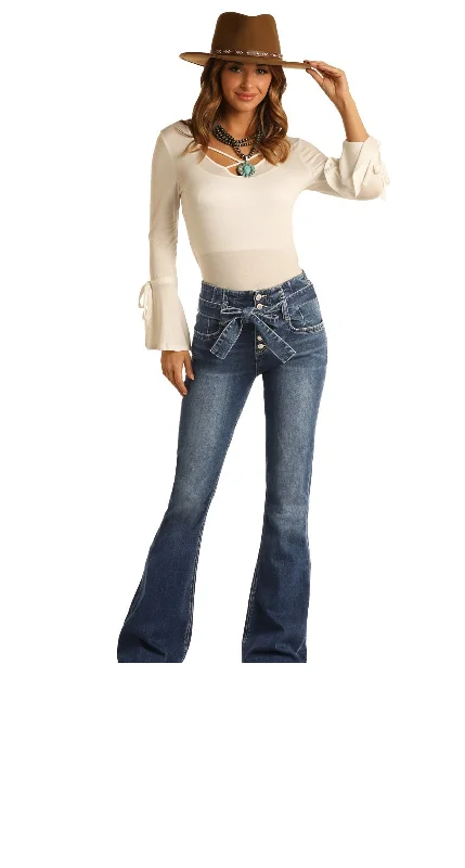 Women's High-Rise Flare Jeanswith Self Belt WHN6117 Casual High-Waisted Bootcut Jeans
