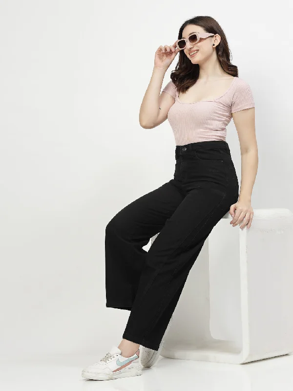 Wide Leg Black Cotton Denim Jeans For Women Chic Cropped Jeans