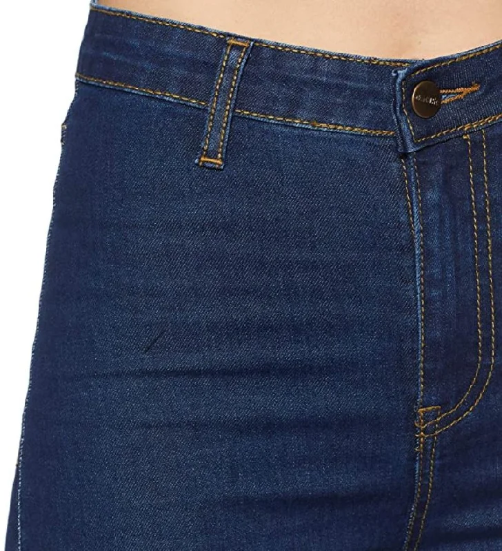 Women's Dark Blue Skinny Fit Jeans Fashionable Frayed Hem Denim