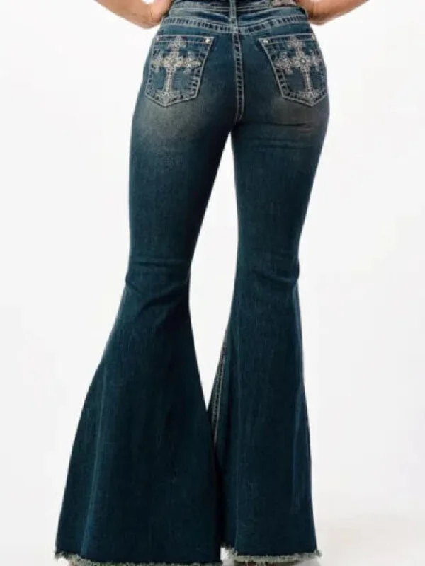 Women's Grace in LA Cross High Waisted Bell Bottom Flare Jeans Comfortable Drawstring Waist Jeans