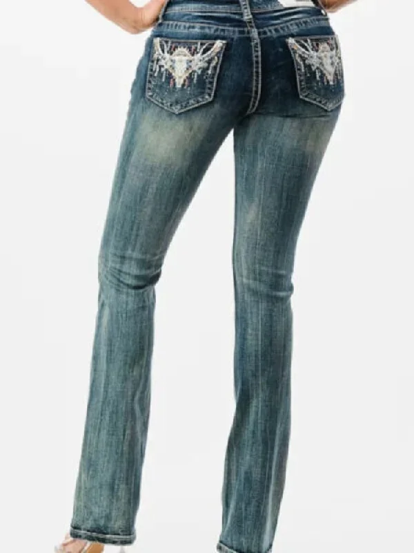 Grace in LA Women's Skull Dream Catcher Bootcut Jeans Elegant High-Waisted Flared Jeans