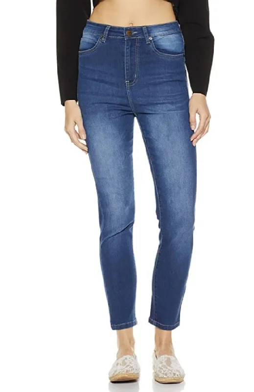 Women's Mid Blue Skinny Fit Jeans Trendy Low-Rise Slim Jeans